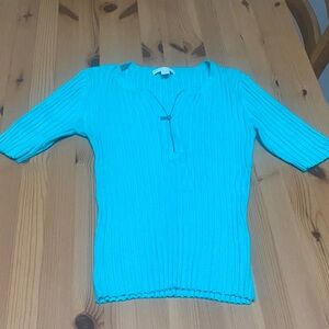 New York & Company Turquoise Ribbed Short Sleeve Top